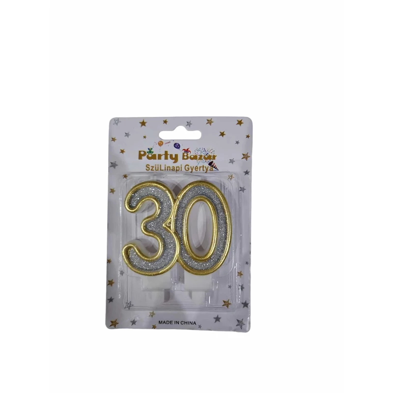 30-as számgyertya csillogó ezüst arany szegéllyel 