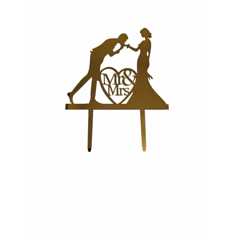 Mr § Mrs Esküvői Pár torta beszúró - tükrös arany 