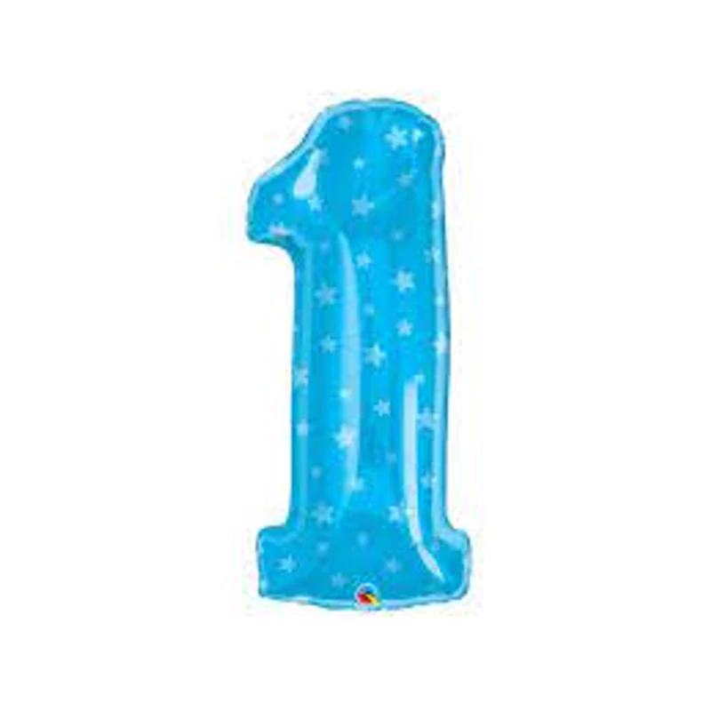 1-es szám formájú fólia lufi kék csillagos,  35 cm