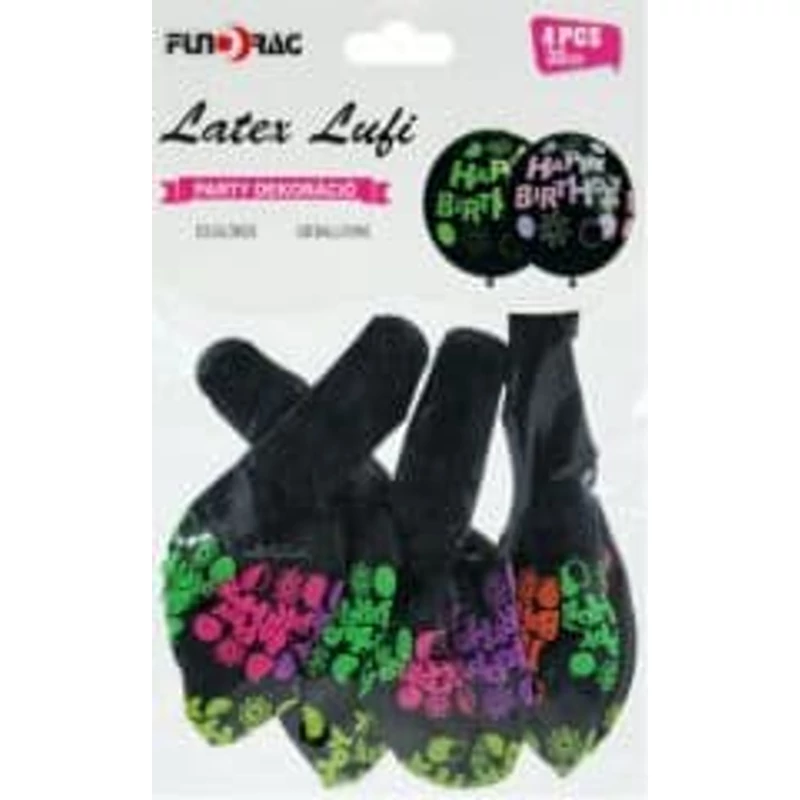 Fekete Happy Birthday neon lufi, 4db