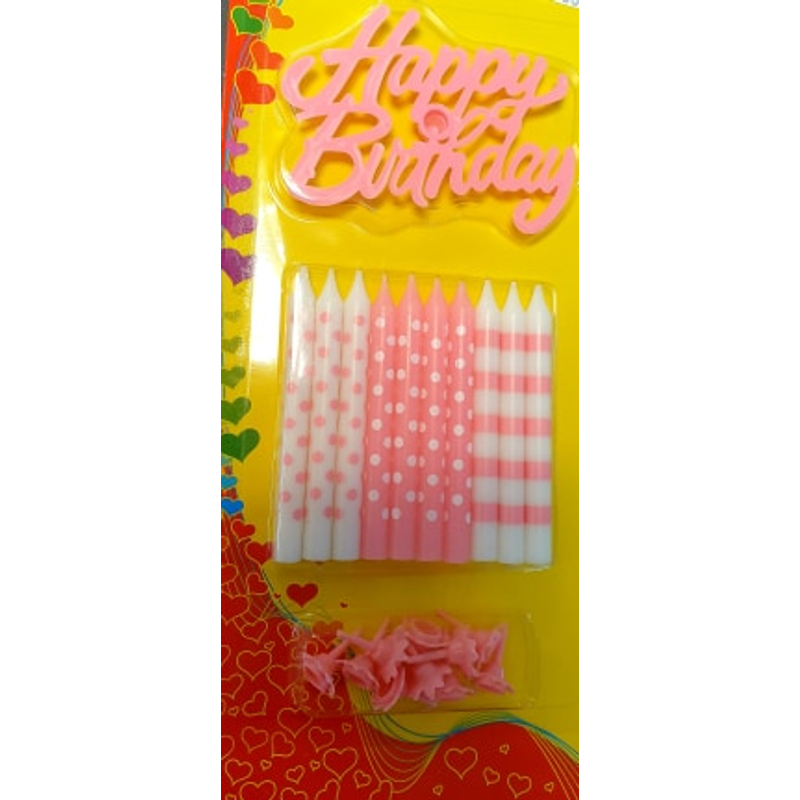 Happy Birthday tortadísz - 10 db gyertyával és tartóval - rózsaszín 