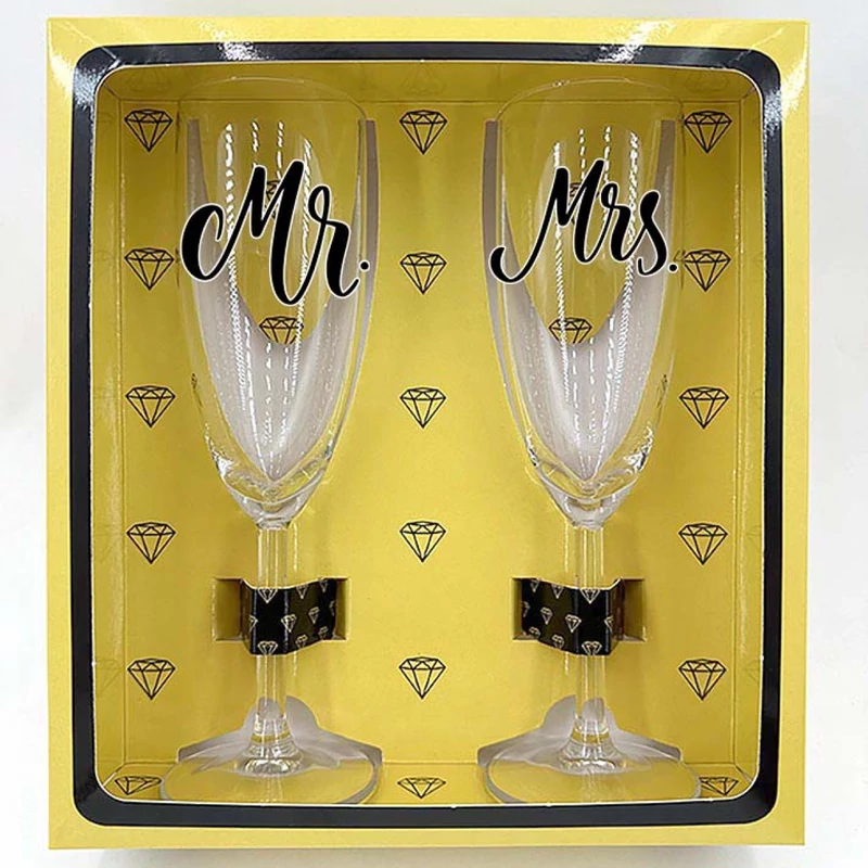 Mr. - Mrs. - feliratos - Páros Pezsgőspohár Szett - Esküvői Ajándék