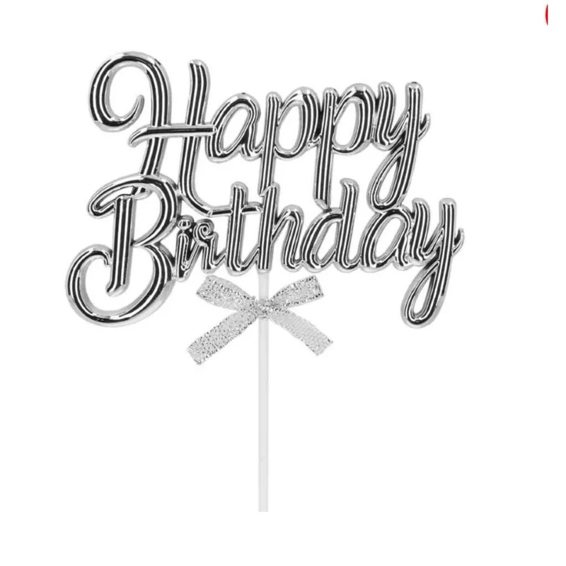 Ezüst műanyag "Happy Birthday" beszúró tortadísz