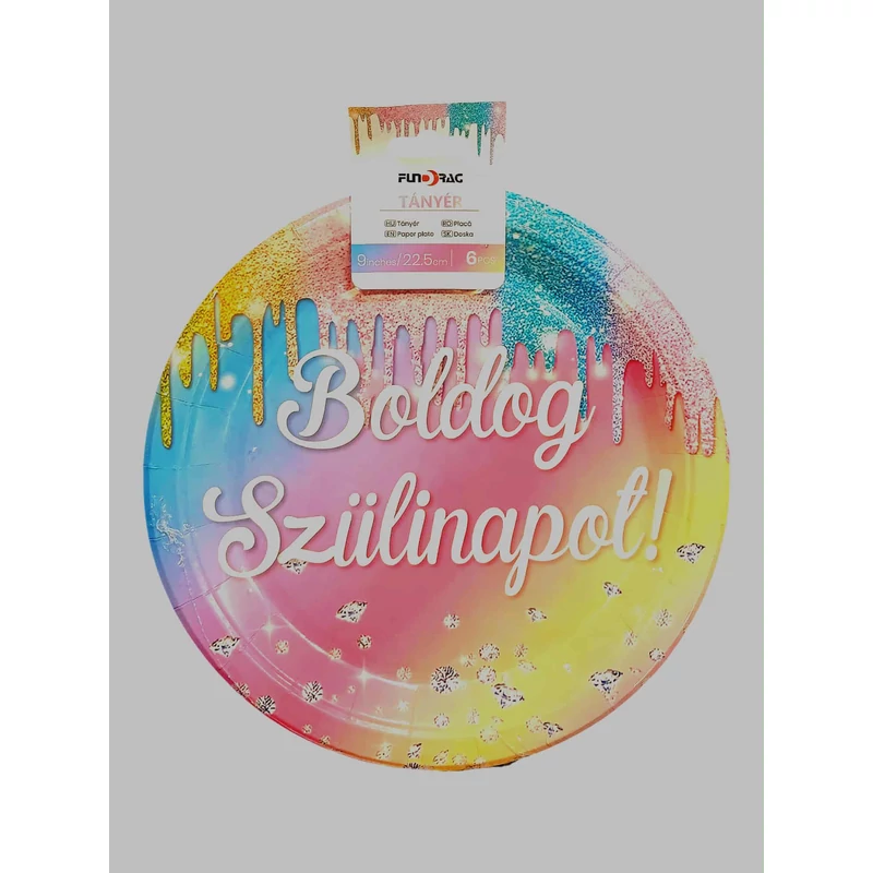 Boldog szülinapot - rózsaszín kék sárga átmenetes - papír tányér 6 db 
