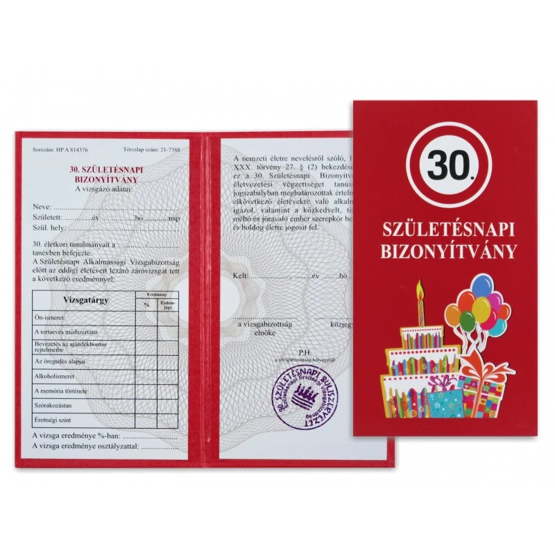 Születésnapi Bizonyítvány 30 éveseknek 