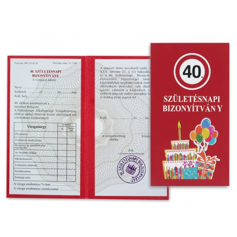 Születésnapi Bizonyítvány 40 éveseknek 