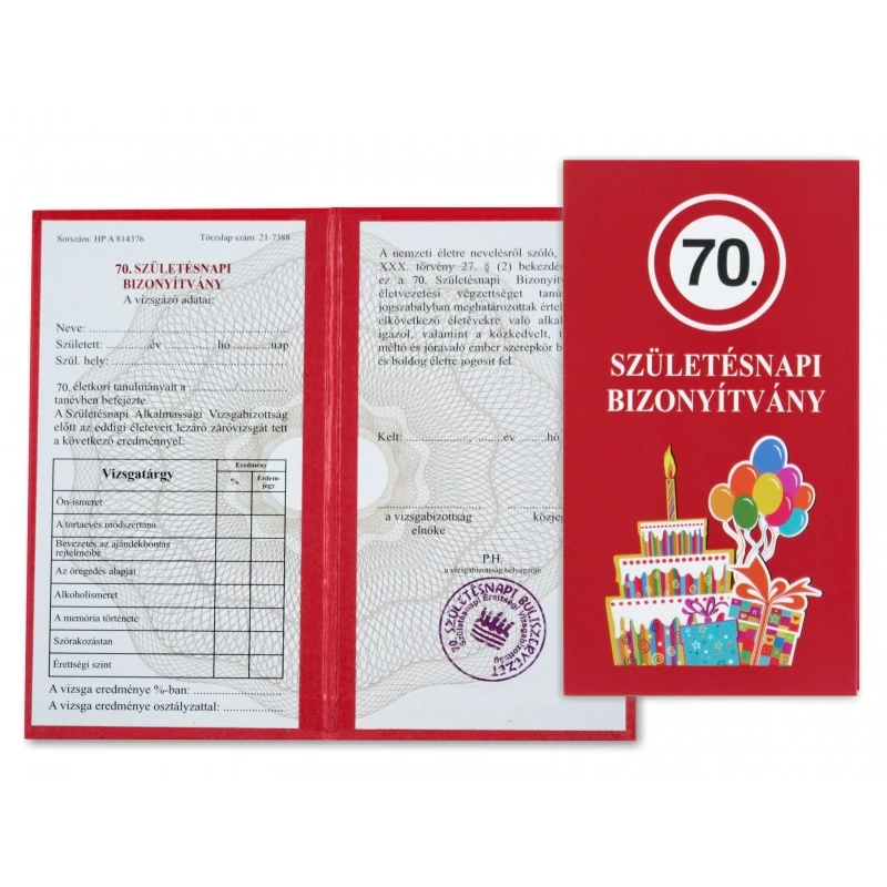 Születésnapi Bizonyítvány 70 éveseknek