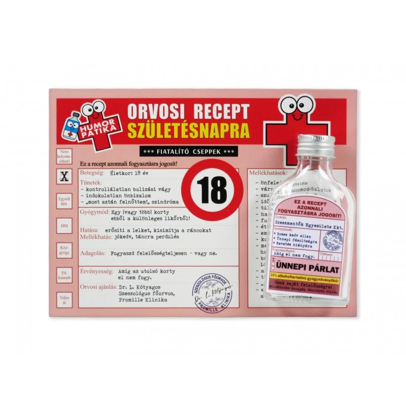 Vicces orvosi recept + flaska 18. Születésnapra