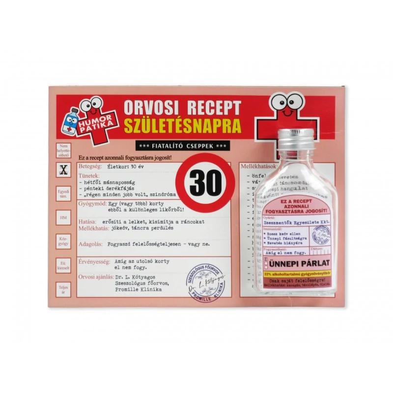 Vicces orvosi recept + flaska 30. Születésnapra 
