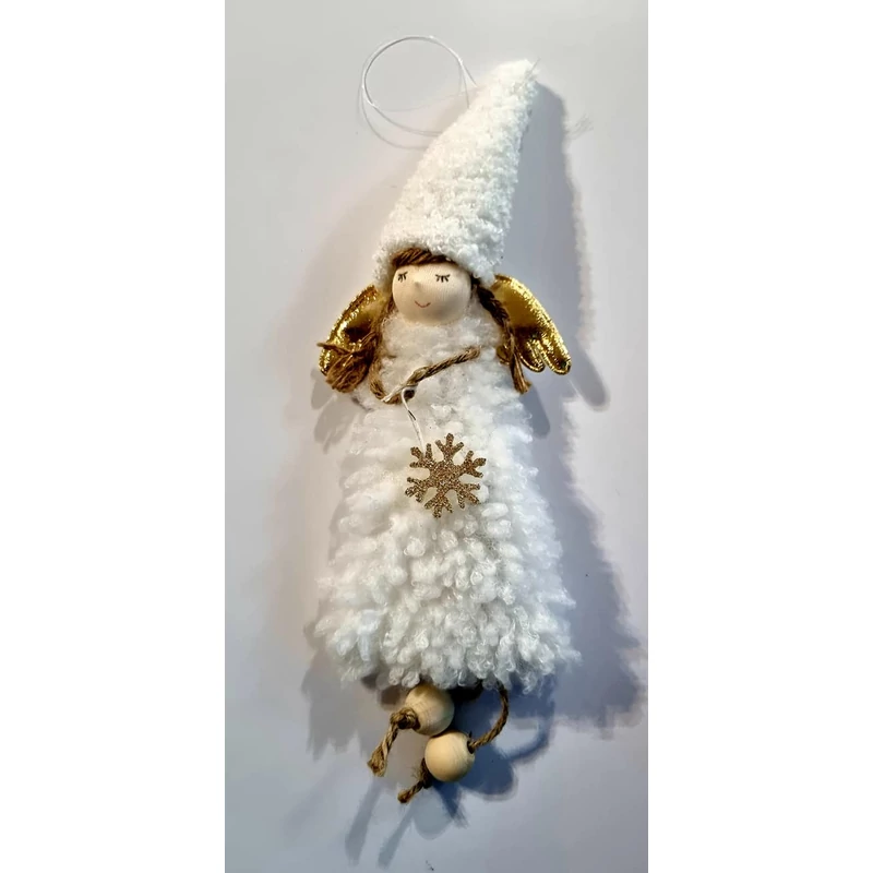 Angyal hosszú sapkában akasztós textil 34 cm fehér 
