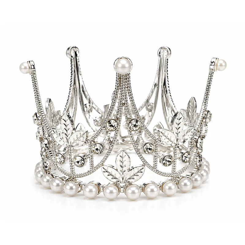 Luxus ezüst gyöngyös korona – elegáns tiara hajdísz 7,5 cm