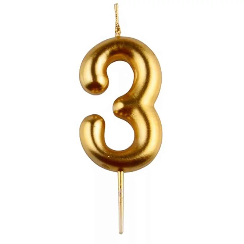 3-s arany króm számgyertya, 6 cm