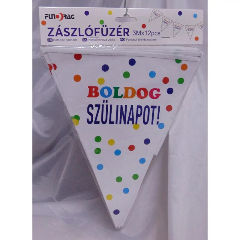 Boldog Szülinapot! feliratos szines pöttyös zászlófüzér, 3m