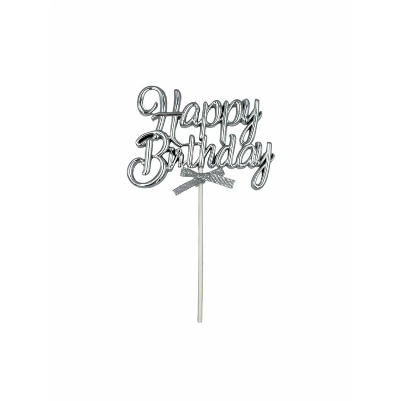 Happy Birthday feliratú torta dekoráció, ezüst - 18 cm