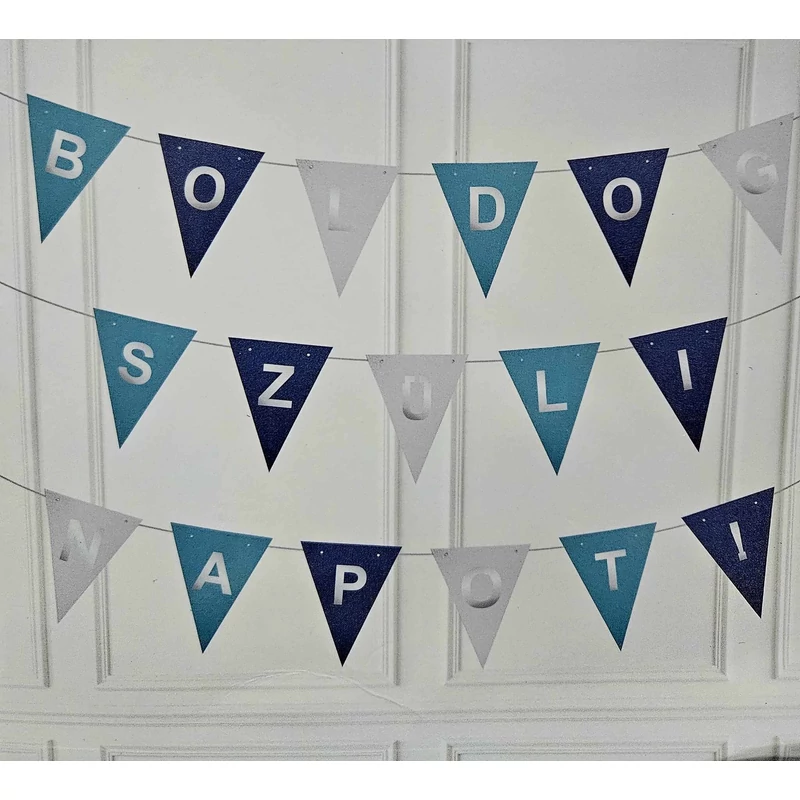 Boldog Szülinapot party zászlófüzér, kék-ezüst