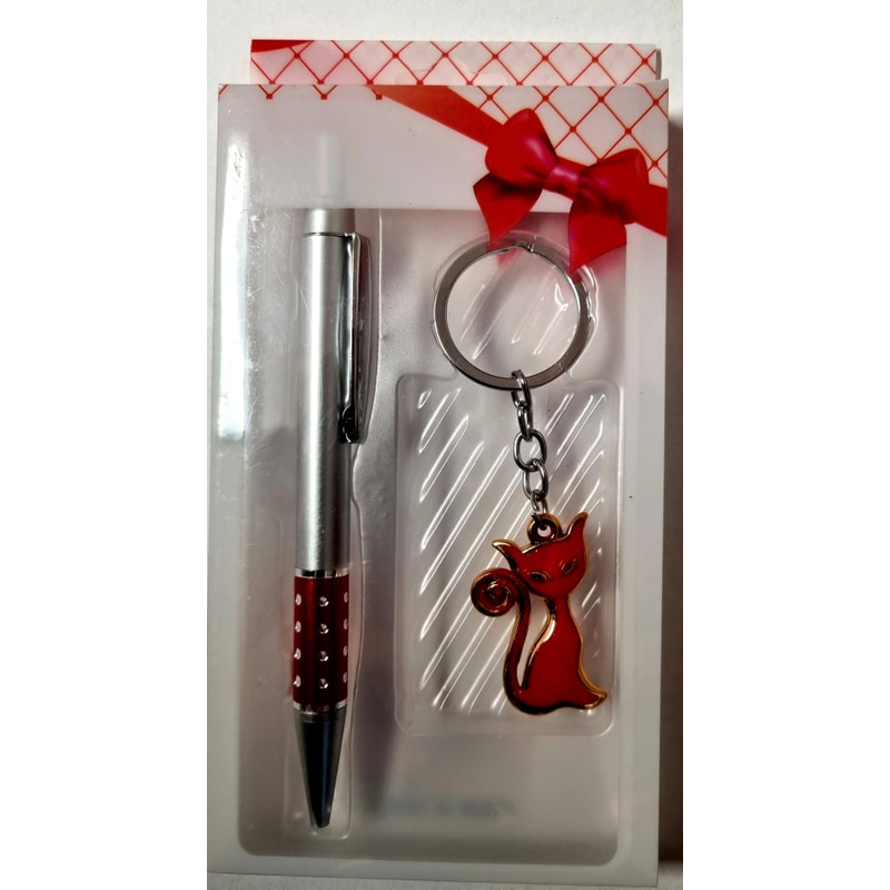 Piros cica kulcstartó ajándék tollal díszdobozban