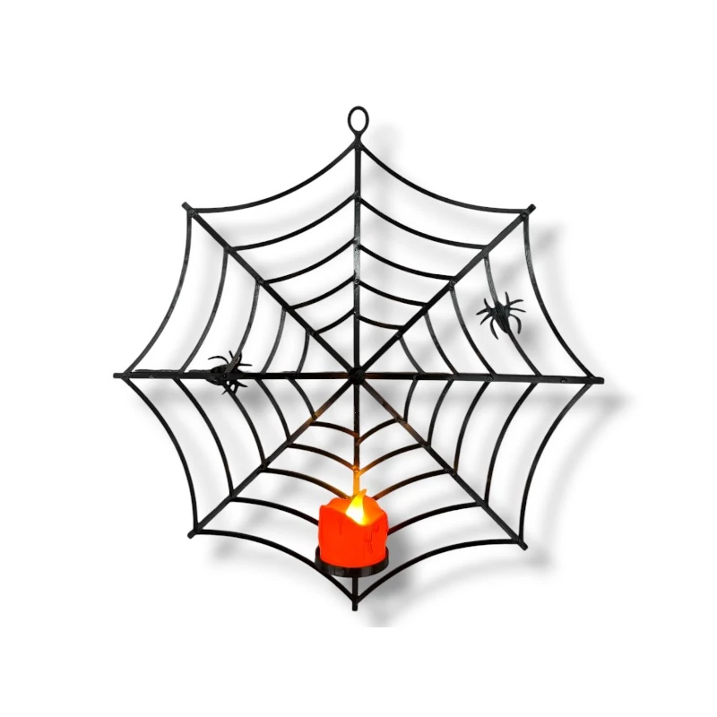 Halloween pókháló dekoráció pókokkal és gyertyával