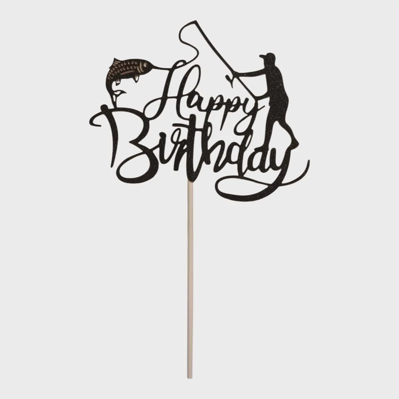 Happy Birthday horgász tortabeszúró fekete – horgász tortadísz