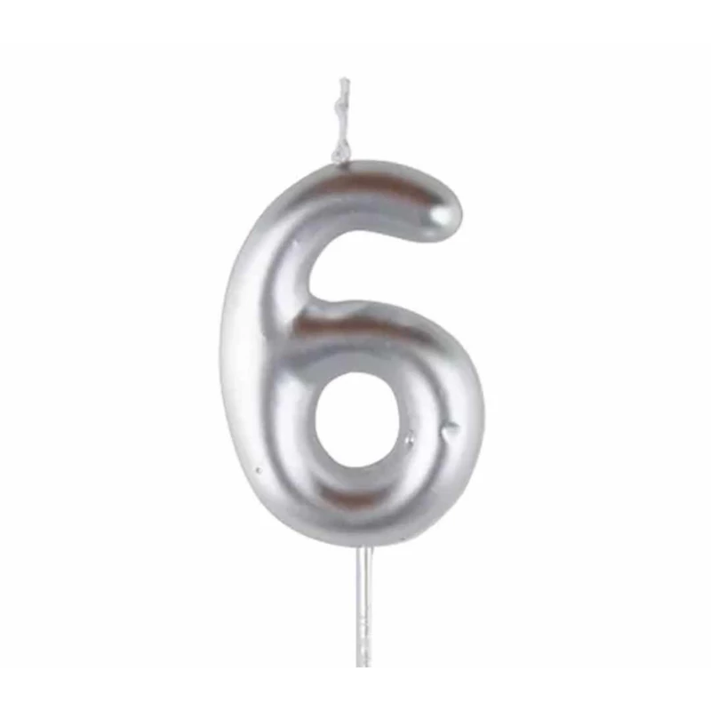 6-os ezüst króm számgyertya, 6 cm