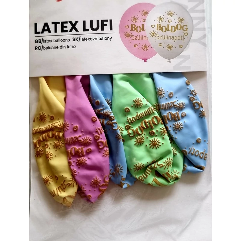 Pasztell latex lufi csomag arany Boldog szülinapot felirattal, 5 db
