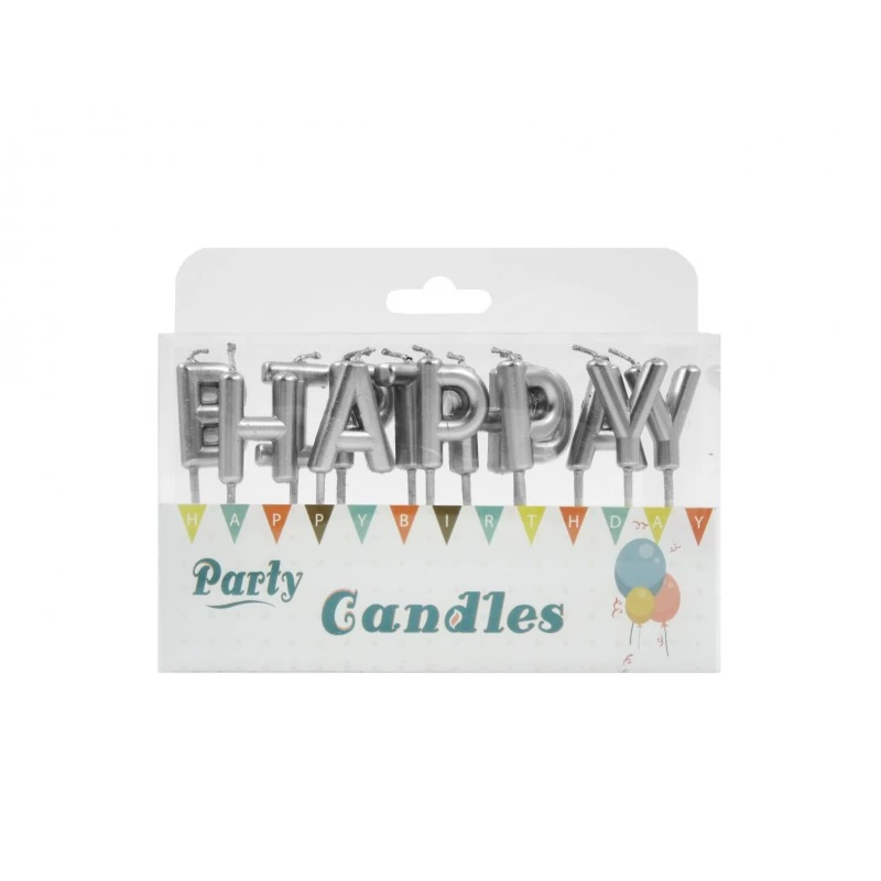 Ezüst színű gyertya szett - Happy Birthday