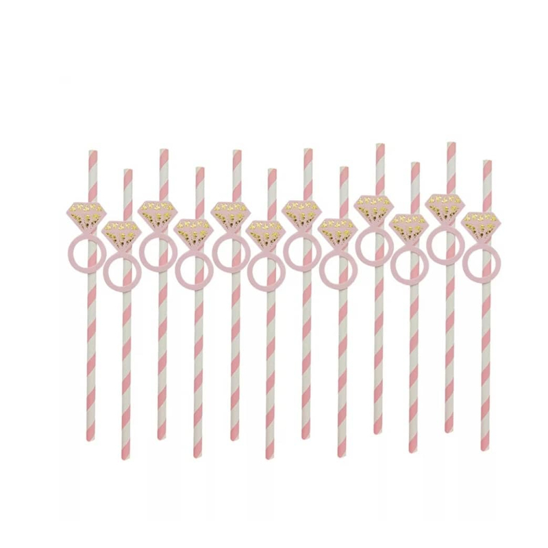 Gyémánt gyűrűs rózsaszín-fehér csíkos 12db papír szívószál