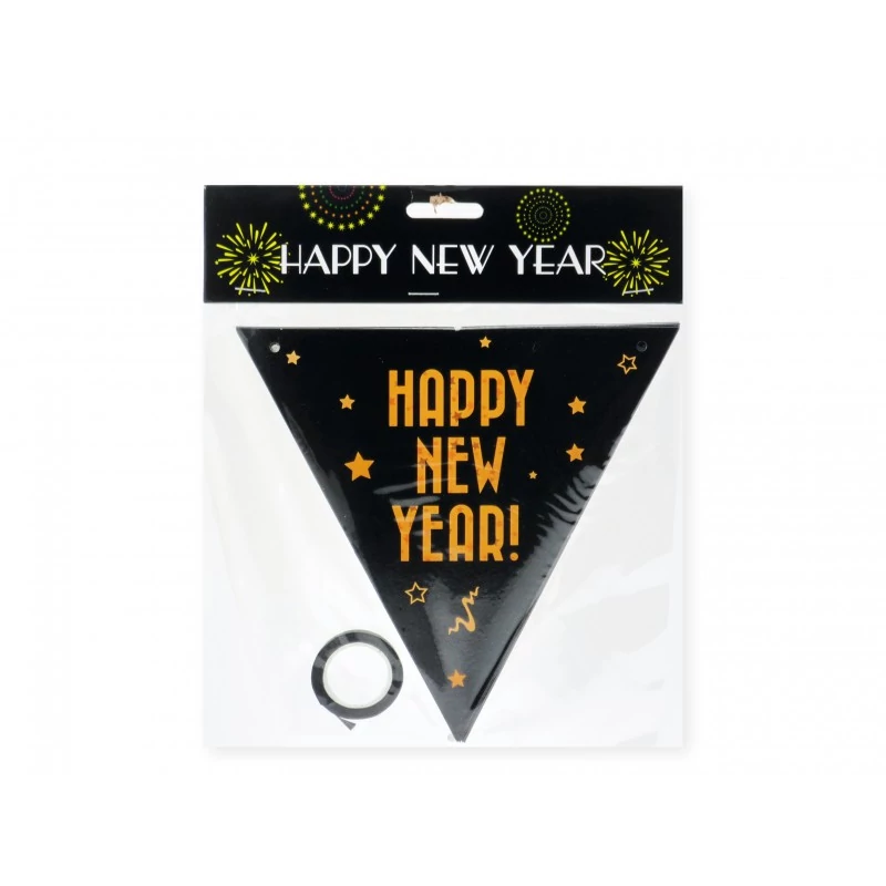 Happy New Year felíratos fekete színű zászlófüzér