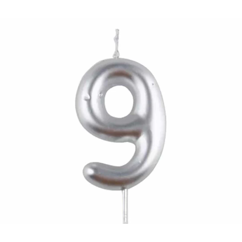 9-es ezüst króm számgyertya, 6 cm