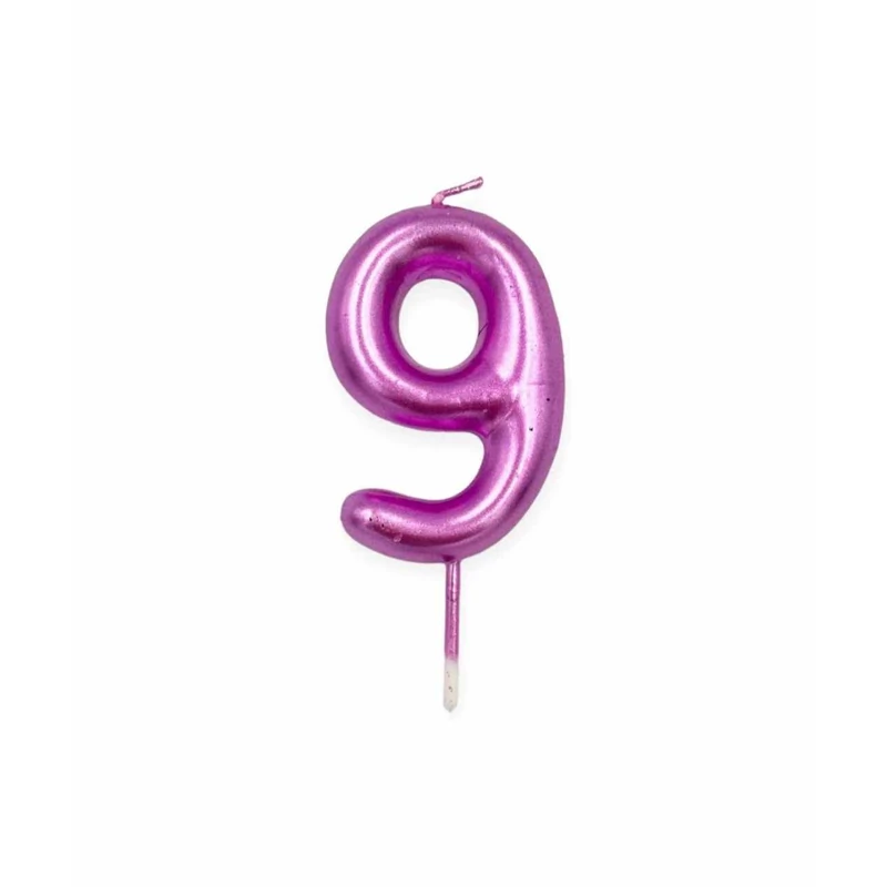 9-es rózsaszín króm számgyertya, 6 cm