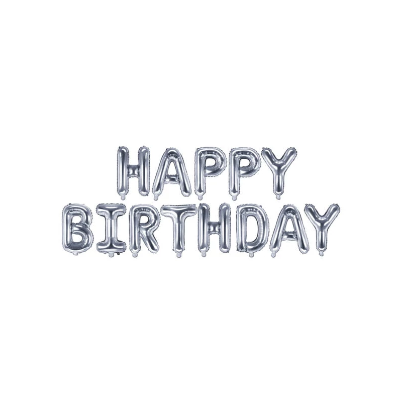 Happy Birthday, Ezüst fólia betű lufi felirat 13 db, 35 cm