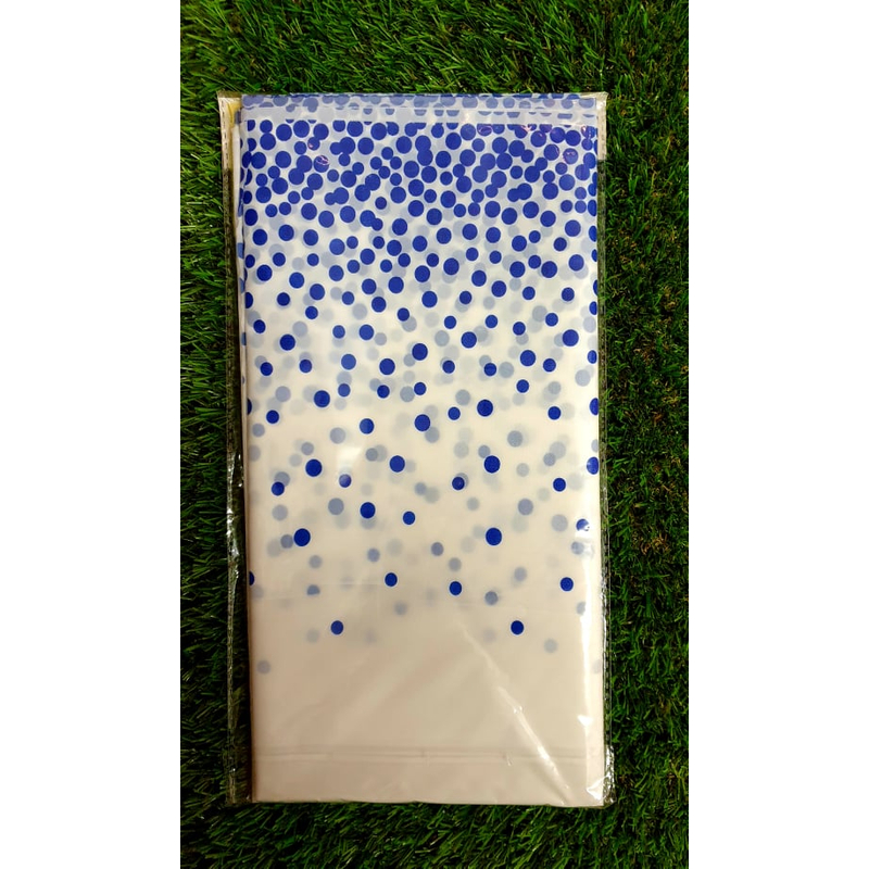 Fehér alapon kék pöttyös műanyag terítő, 137x 274 cm