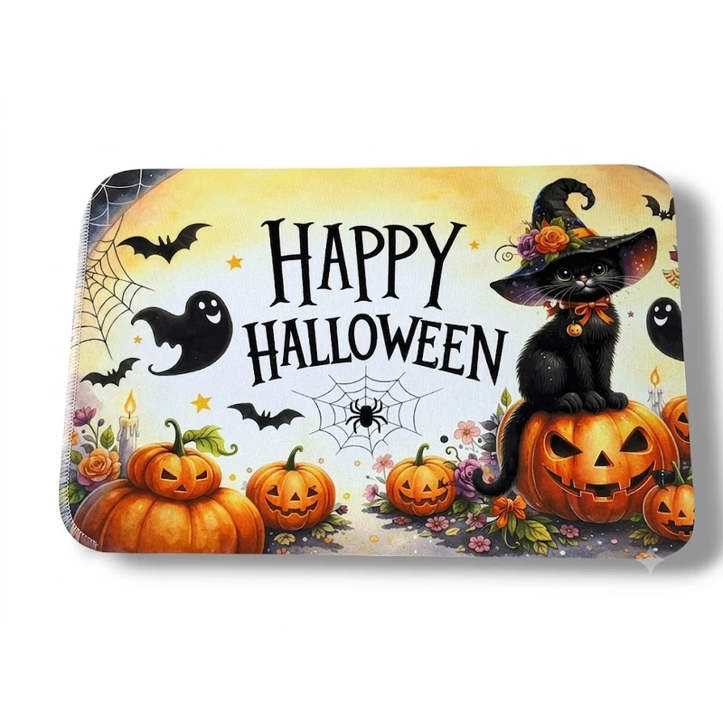Halloween lábtörlő – Fekete macskás, boszorkányos Happy Halloween