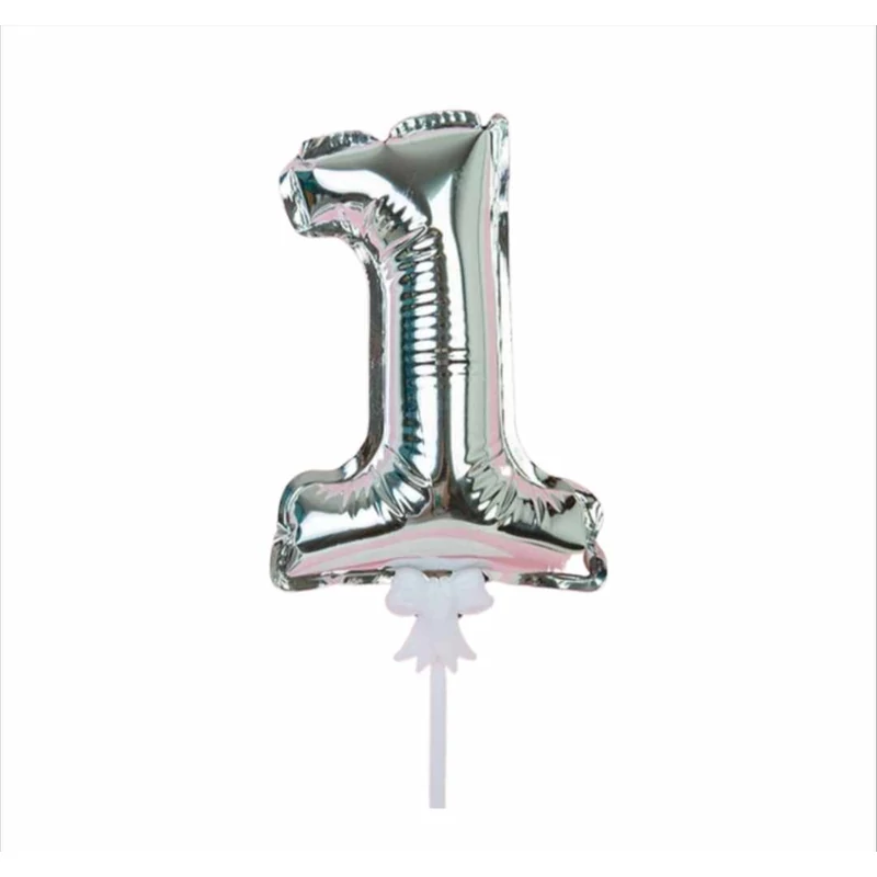 1-es Önfelfújós fólia szám lufi pálcával, ezüst ,36 cm