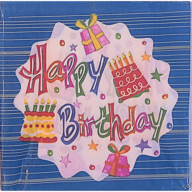 Kék -fehér csíkos szalvéta színes Happy Birthday felirattal