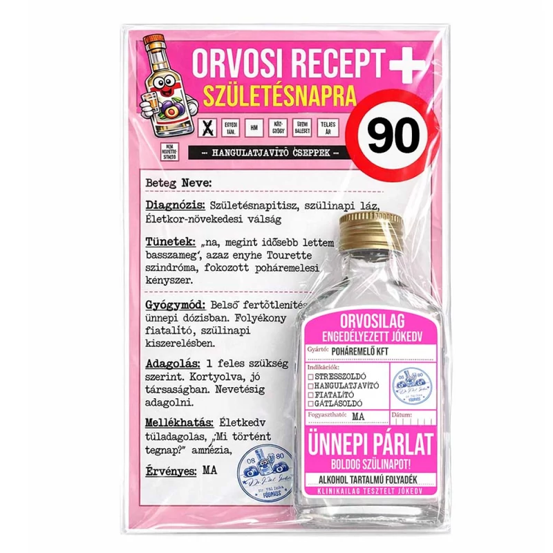 Vicces orvosi recept + flaska 90. születésnapra 