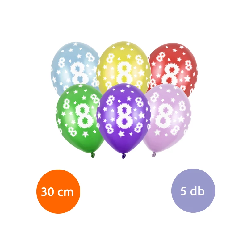 8-as évszámos színes latex lufi 5 db-os