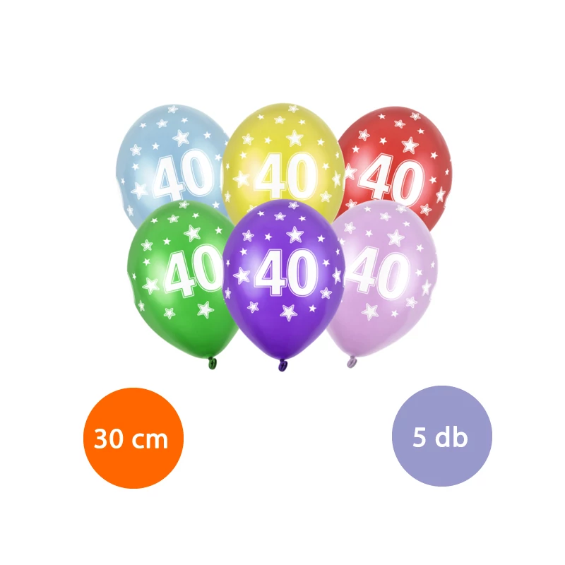 40-es évszámos színes latex lufi 5 db-os
