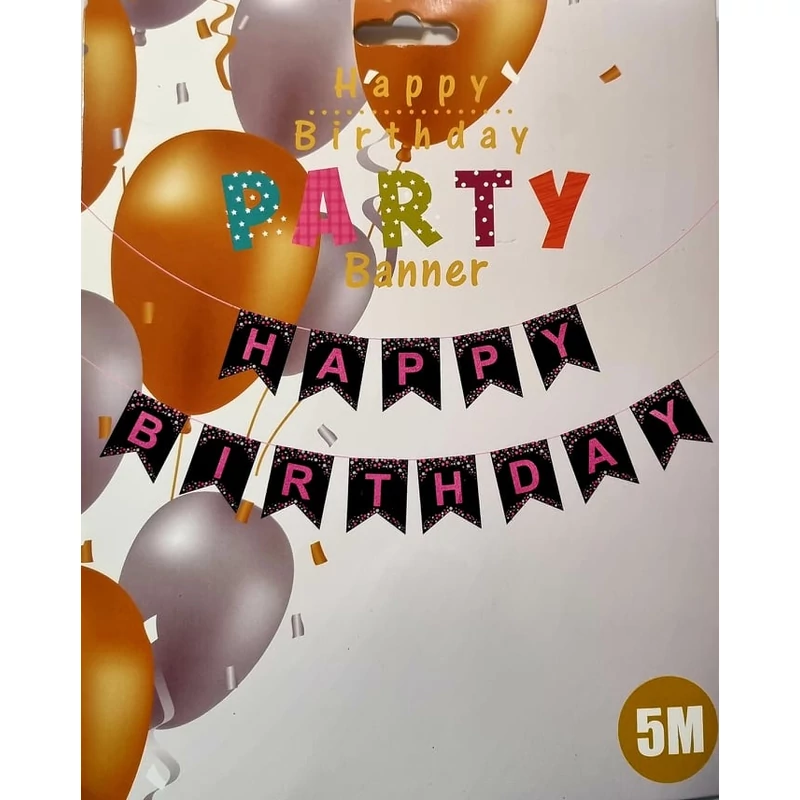 Happy Birthday banner, zászlófüzér- 5 m, rózsaszín 