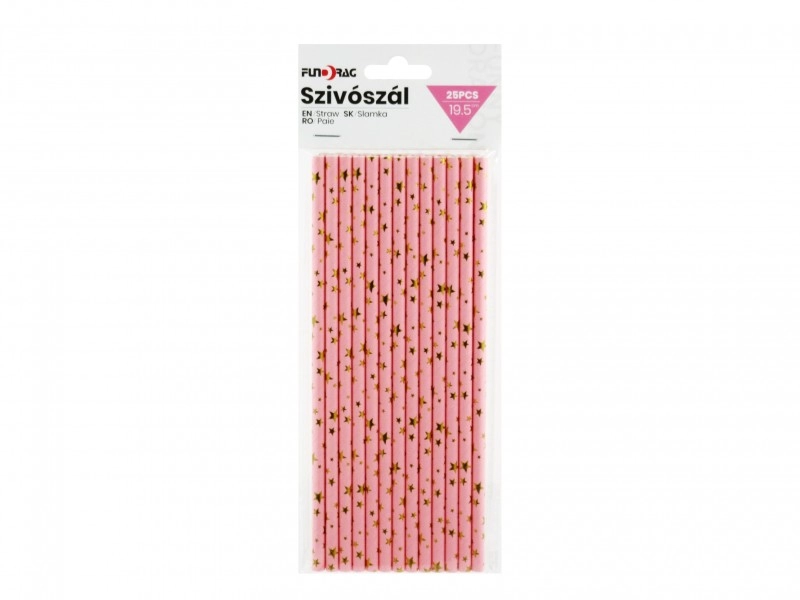 Papír szívószál rózsaszín csillagos 25 db-19,5 cm