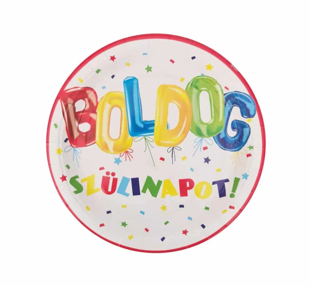 Színes vastag betűs -Boldog szülinapot -felíratos papír tányér 6 darabos