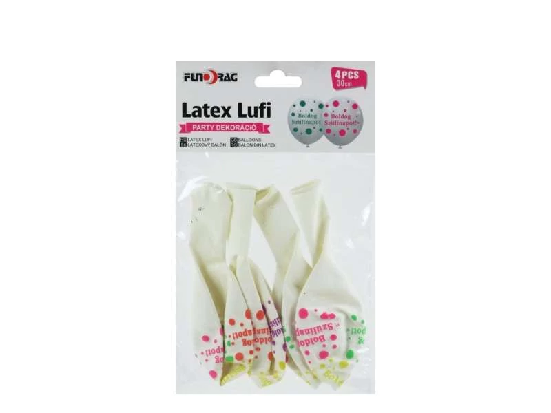 Fehér latex lufi, Boldog szülinapot felirattal. 4 db
