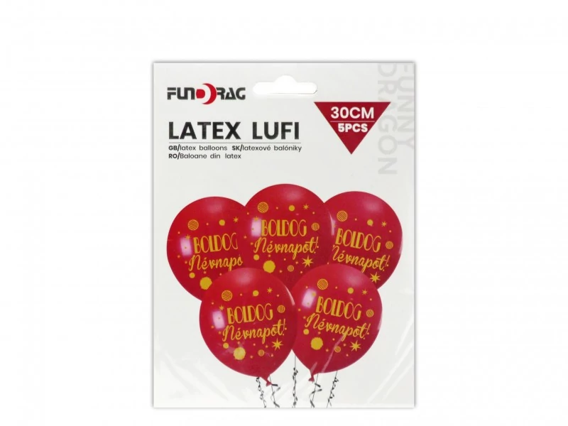 Piros Boldog Névnapot lufi, 5 db- 30 cm