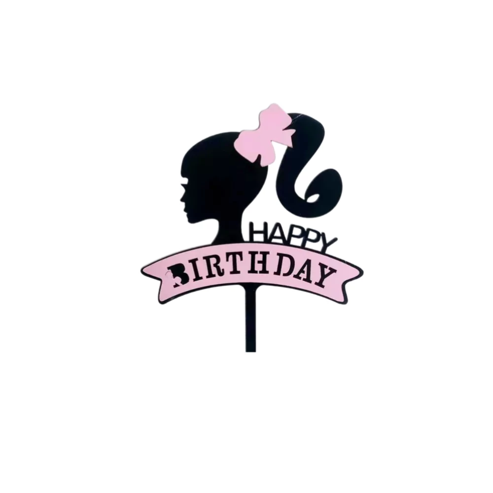Happy birthday fekete alakos női arc, rózsaszín díszítéssel  torta beszúró