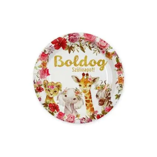 Boldog Szülinapot állatos papír tányér- 6db 22 cm