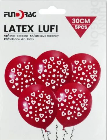 Piros latex lufi fehér szív mintával  30 cm 5 db 