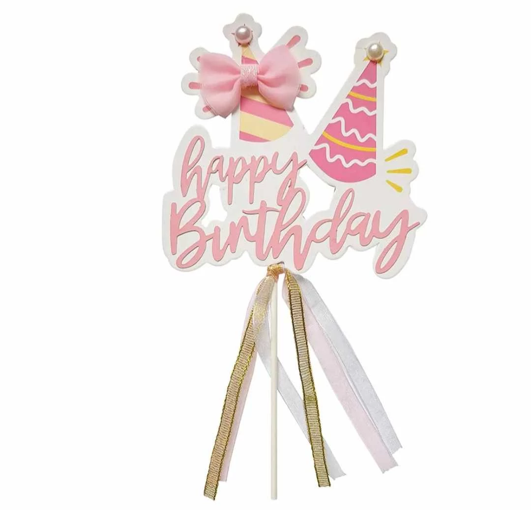Fehér - rózsaszín - arany  happy birthday torta beszúró