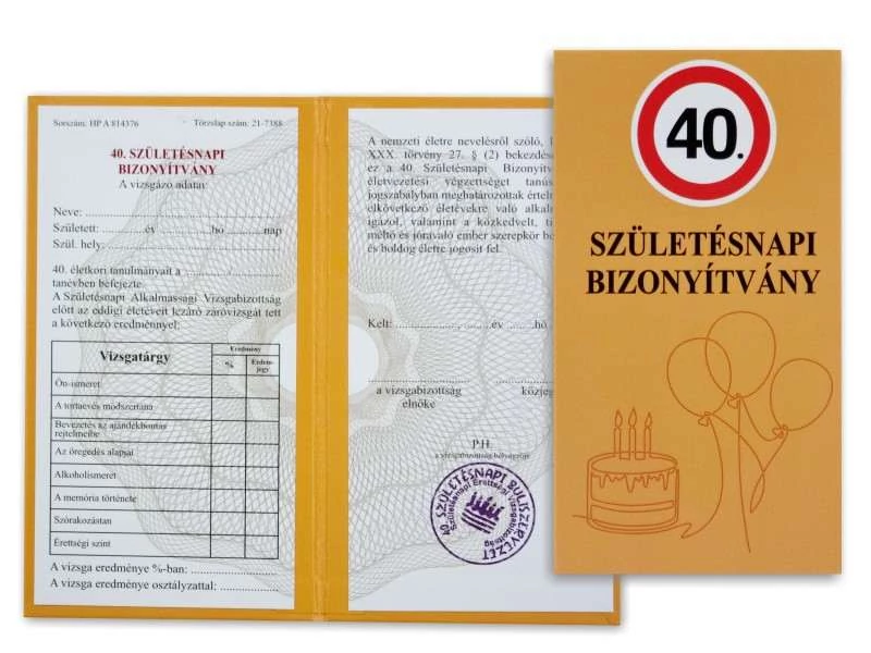 Születésnapi bizonyítvány 40 éveseknek