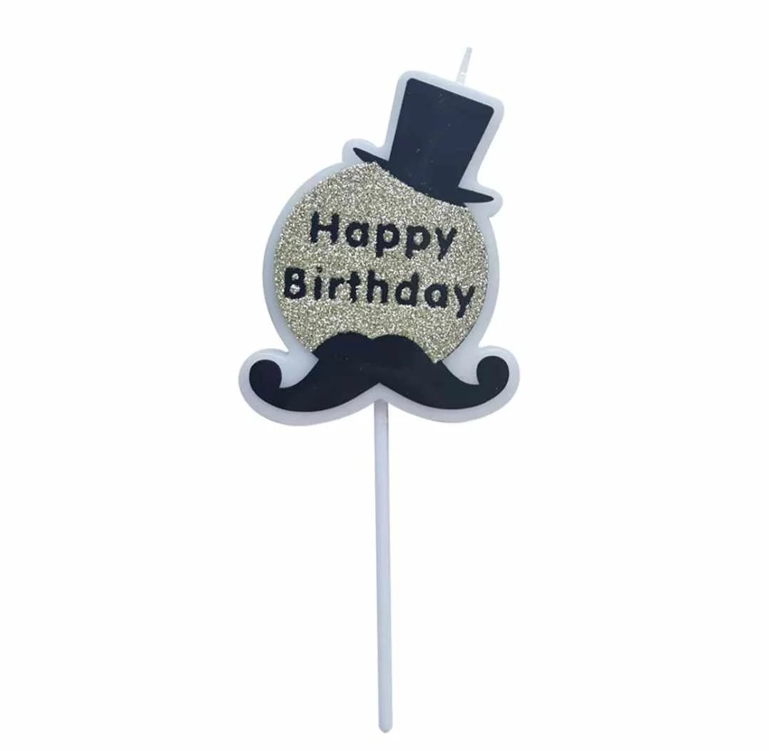 Happy Birthday gyertya kalappal és bajusszal