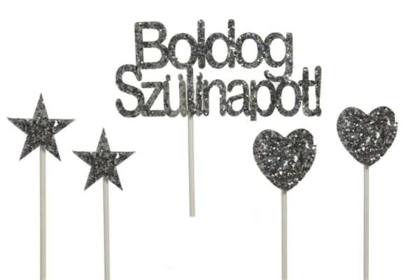 Ezüst  Boldog Szülinapot torta beszúró, 5 db-s