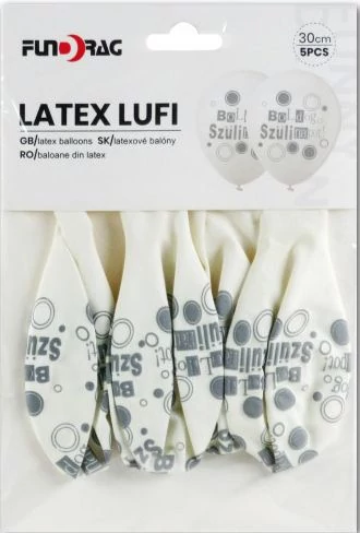 Fehér latex lufi boldog szülinapot felirattal, 5 db 